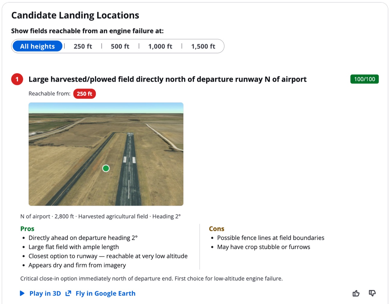 A candidate landing field shown in a 3D fly-through, with a survivability score, the altitude it's reachable from, surface notes, and its pros and cons.